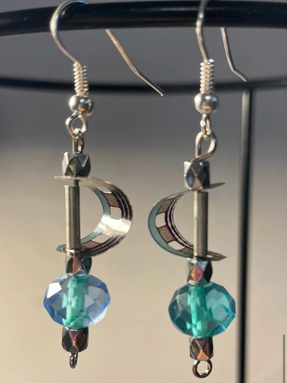 reel bijoux brand- Silver-Tone Crescent & Teal Crystal Drop Earrings